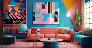 Illustrazione astratta in stile Maximalismo e Dopamine Design con colori vivaci, pattern complessi e forme giocose