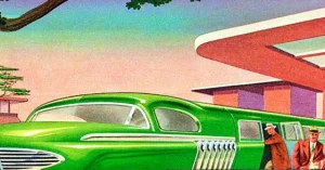 Illustrazione in stile Retro Futurismo e Revival Y2K con colori neon, texture metalliche e dettagli digitali anni 2000